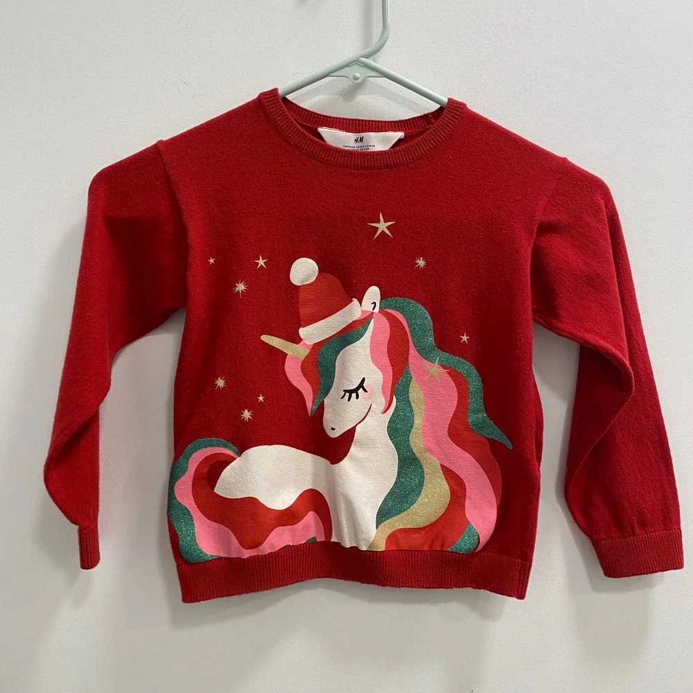 H&M Sweater & Dress Girls 4-6Y Red Mint Unicorn Bow Holiday Bundle 2pc